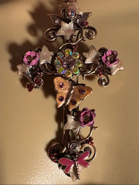 Kirks Folly Rose Gold Floral Cross Necklace with Pink Accents - Picture 2 of 7